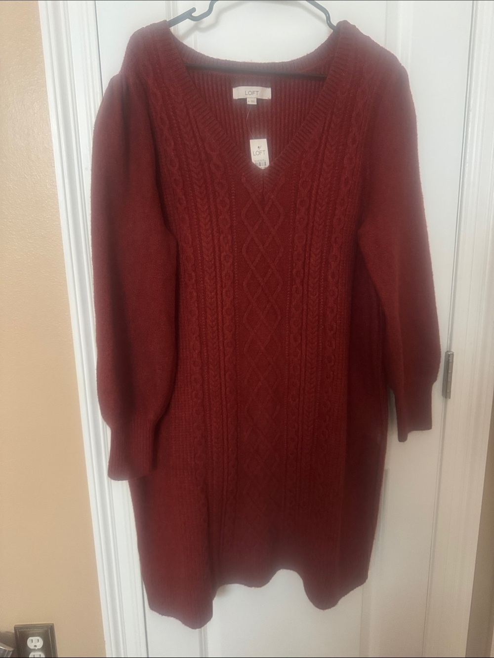LOFT Cable Knit V-Neck Sweater Dress in Deep Red